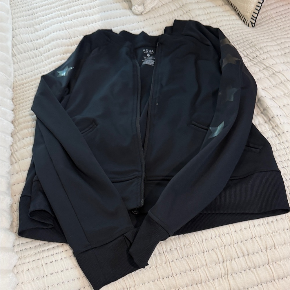 Aqua Black Zip Hoodie with Subtle Star Sleeve Accents